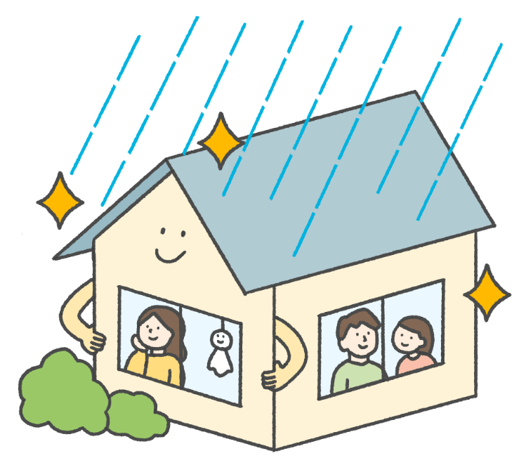 戸建ての家の中から家族が窓から雨を見つめている図